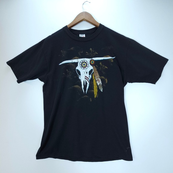 Jerzees Other - Vintage Jerzees T Shirt Mens L Black Western Bull Skull Graphic Tee USA Made